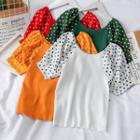 Dotted Chiffon-sleeve Boatneck Knit Top