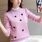 Mock Neck Heart Embroidered Sweater