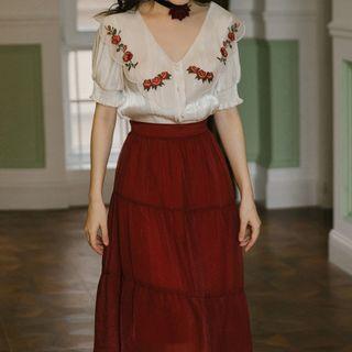Set: Puff-sleeve Floral Embroidered Blouse + Midi A-line Skirt
