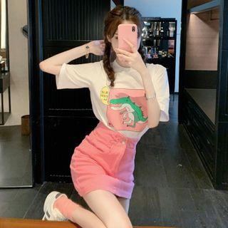 Short-sleeve Cartoon Dinosaur Print T-shirt / Denim Mini A-line Skirt