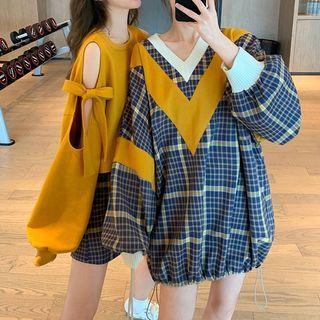 Plaid V-neck Sweatshirt / Long-sleeve Cold Shoulder Top / Fitted Mini Skirt