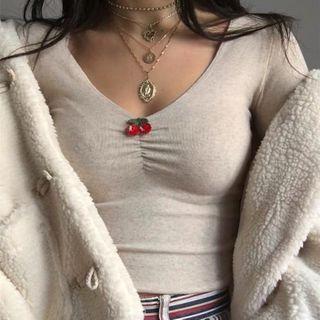 Long-sleeve Cherry-accent Scoop-neck Top Milky White - One Size