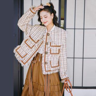 Frayed Trim Plaid Tweed Jacket
