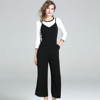 Set : Piped Long-sleeve Top + Plain Spaghetti Strap Dungaree