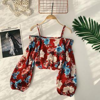 Long-sleeve Cold-shoulder Floral Print Top