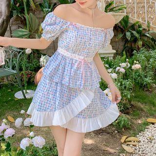 Off-shoulder Plaid Cherry Printed Top / Asymmetrical Ruffle Trim Mini Skirt