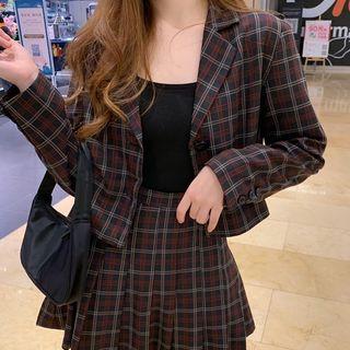 Plaid Single-breasted Cropped Blazer / Mini Pleated Skirt