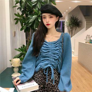Square-neck Drawastring Lantern-sleeve Sweater