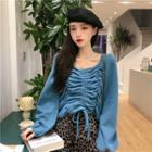 Square-neck Drawastring Lantern-sleeve Sweater