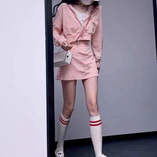 Set: Plain Hooded Zip Cropped Jacket + Plain Mini Skirt