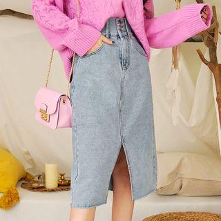 Slit-front Midi Denim Skirt