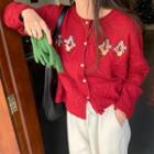 Round Neck Floral Embroidered Cardigan Red - One Size