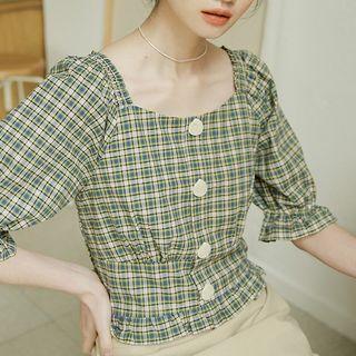 Short-sleeve Gingham Ruffle Blouse
