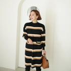 Drawcord-waist Stripe Knit Dress Brown - One Size