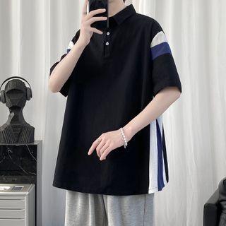 Elbow-sleeve Contrast Striped Polo Shirt