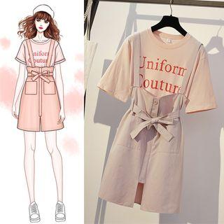 Set: Short-sleeve Letter T-shirt + A-line Mini Suspender Skirt