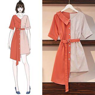 Short-sleeve Mini Striped Panel Shirtdress