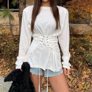 Long Sleeve Plain Lace-up Loose-fit Sweatshirt