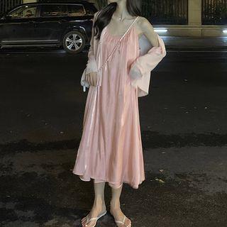 Plain Cardigan / Spaghetti-strap Iridescent Midi Dress