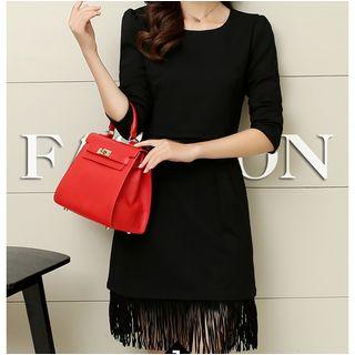 Fringed Long-sleeve Dress With Belt