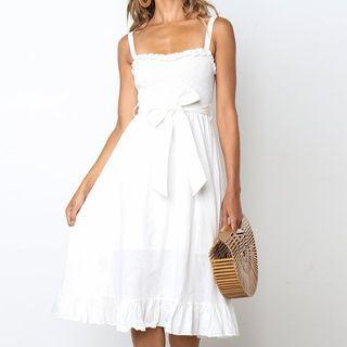 Spaghetti Strap Ruffle Trim Tie-waist Midi A-line Dress