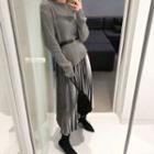 Set: Round-neck Ribbed Knit Top + Band-waist Pleated Velvet Skirt With Belt