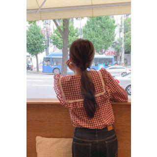 Sailor-collar Frilled Gingham Blouse Red - One Size