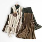 Set: Mock-neck Long-sleeve T-shirt + Tie Waist Vest + Midi Accordion Pleat Skirt