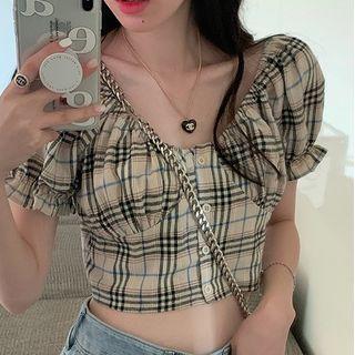 Short-sleeve Plaid Cropped Blouse 11533 - White - One Size