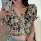 Short-sleeve Plaid Cropped Blouse 11533 - White - One Size