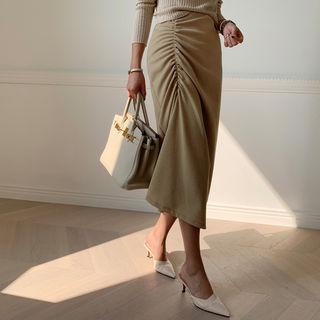 Ruched H-line Long Skirt Beige - One Size