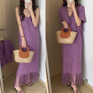 Set: Spaghetti Strap Tassel Trim Midi Dress + Short-sleeve Blazer