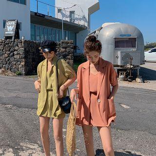 Set: Plain Camisole Top + Single-button Elbow-sleeve Blouse + Wide-leg Shorts