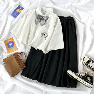 Elbow-sleeve Bear Embroidered Shirt / Midi A-line Skirt / Ribbon Bow-tie