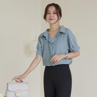 Ruffle-collar Shirred Blouse