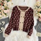 Floral Round-neck Double-breasted Knitted Crop Cardigan