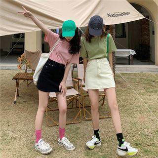 High-waist Plain Denim A-line Mini Skirt
