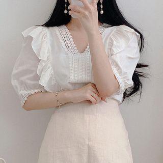 Lace Trim Ruffled Puff-sleeve Blouse