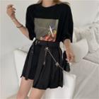 Short-sleeve Plain Shirt / Asymmetric Plaid Skirt / Butterfly Chain