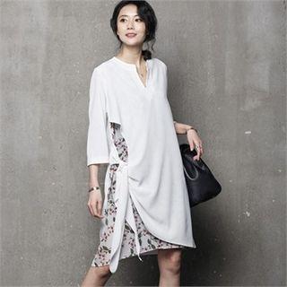 Open-placket Elbow-sleeve Dress