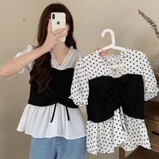Short-sleeve Mock Two-piece Drawstring Blouse
