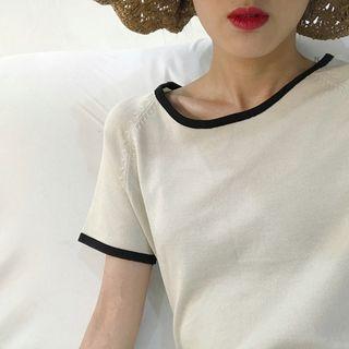 Color-block Slim-fit Knit Short-sleeve Top