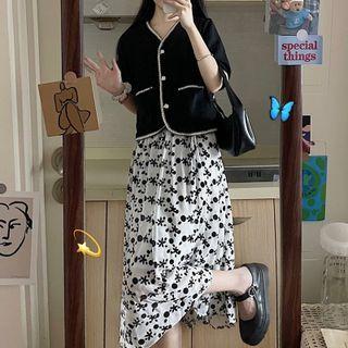 Elbow-sleeve Button-up Top / Floral Print Midi A-line Skirt