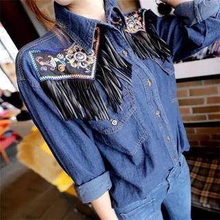 Embroidered Fringed Denim Shirt Dark Blue - One Size