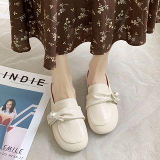 Faux Pearl Bow Square Toe Loafers