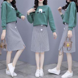 Set: Letter Embroidered Pullover + A-line Skirt