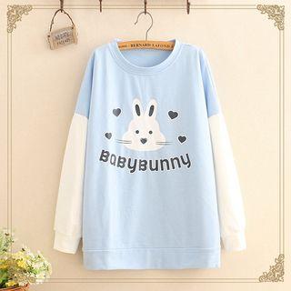Rabbit Print Color-block Long-sleeve Top As Shown In Figure - One Size