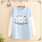 Rabbit Print Color-block Long-sleeve Top As Shown In Figure - One Size
