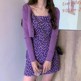 Set : Floral Camisole Dress + Knit Cardigan