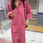 Long-sleeve Plain Shirt Dress Rose Pink - One Size